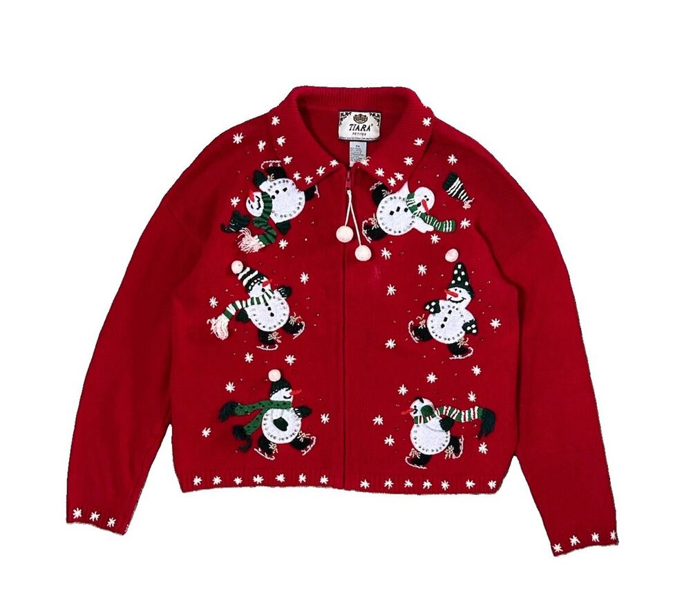 Tiara International Christmas Holiday Sweater Embroidered Snowman VTG Petite M